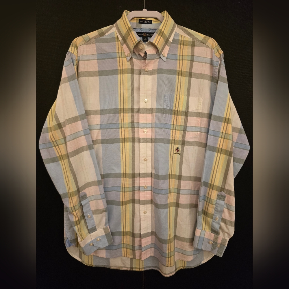 Tommy Hilfiger men's size medium pastel plaid button-down, long sleeve shirt